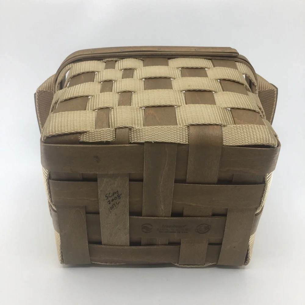 Vintage Longaberger Signed Bring Along Basket Tan Nylon Wood With Side Handles - Picture 6 of 11